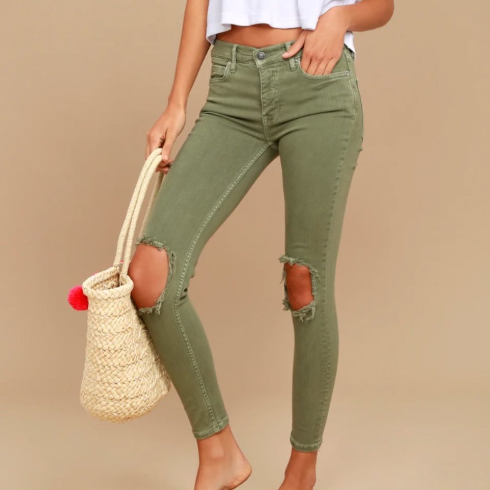 SOLDOUT High Rise Busted Olive Green Distressed Skinny Jeans